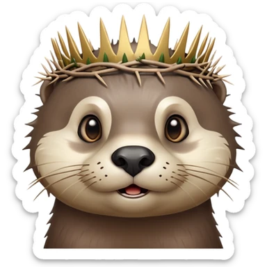 really cute confused otter face with simple thorny stem wrapped horizontally around its forehead like Jesus Christ's Crown of thorns, no crown shape on top, just thin spiky branches circling the forehead, very cartoony and expressive face, big eyes sticker