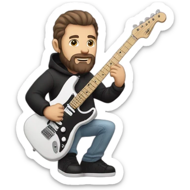white man with dark beard and black t shirt and pastel pink stratocaster electric guitar sticker