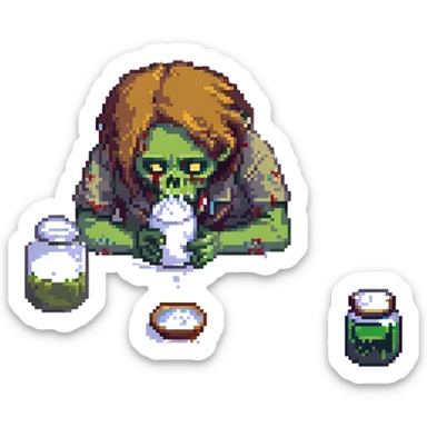 A zombie Leo  sniffing white powder with a background lab in the style of a pixel art sticker