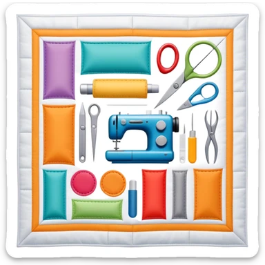 Patchwork and quilting icon, colorful fabric patches sewn together in a quilt pattern, sewing needle and thread, quilting tools like rotary cutter or quilting hoop, minimalistic style, clean lines, transparent background. sticker