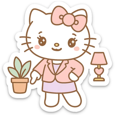 Add hands in the 'periodt' meme pose (one hand on hip, other hand pointing down with attitude), keep the character girly CEO cat, Hello Kitty world, kawaii style. sticker