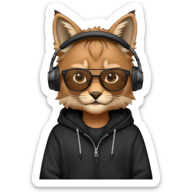 lynx with sunglasses, headphones and a black hoodie sticker