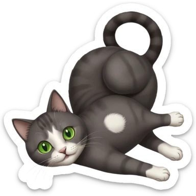 dark grey cat with green eyes, white toes/paws and white patch on her chest playfully rolling upside down sticker