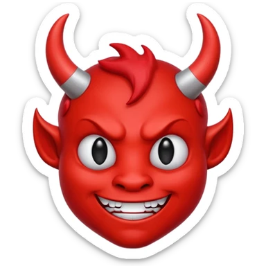 CARTOON STYLE EMOJI of a RED DEVIL FACE with small HORNS pointing up, BLACK EYES, and a MISCHIEVOUS SMILE. The entire face is RED with a smooth glossy texture. BACKGROUND is PURE WHITE, clean and simple. sticker