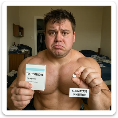 realistic muscular young man with puffy face holding box of testosterone and pill of aromatase inhibitor, worried expression, detailed, messy room background, 4K quality sticker