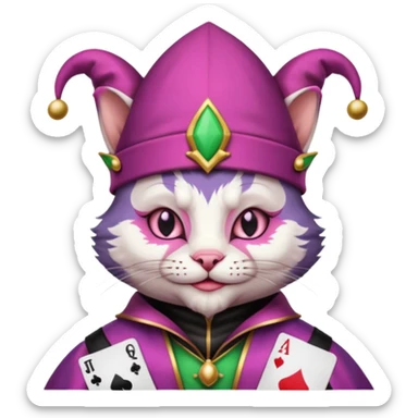 court jester cat medieval, single poker card joker clearly visible, pink, face only, court jester cap sticker