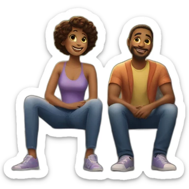 a couple for the Netflix film of 2023 "Happy Ending" sitting on the sidewalk, like they do in the poster for the film sticker