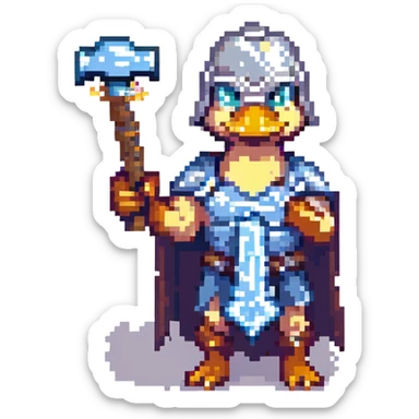 pixel art duck holding Thor's hammer (Mjolnir) with a lightning rod coming out of the hammer, energetic and dynamic sticker