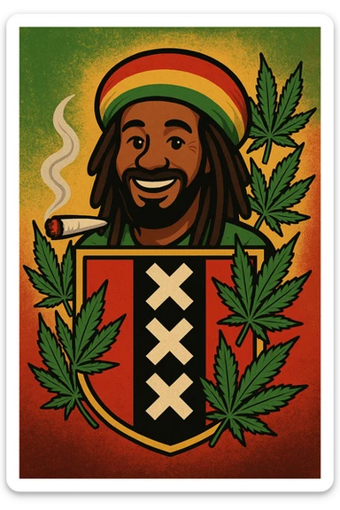 Create a digital illustration of a Rasta man with a friendly expression, wearing a red, gold, and green tam (Rastafarian hat), with dark brown skin and dreadlocks. Place him inside a bold, stylized Amsterdam coat of arms flag. The flag should have red, black, and gold tones with three white Xs in a vertical black stripe in the center. Surround the coat of arms with vibrant green cannabis leaves, a smoking spliff with rising smoke on the left side, and a textured reggae-colored background blending green, gold, and red. The style should be vintage, bold, and clean — like a high-quality reggae poster with modern emoji art flair. sticker