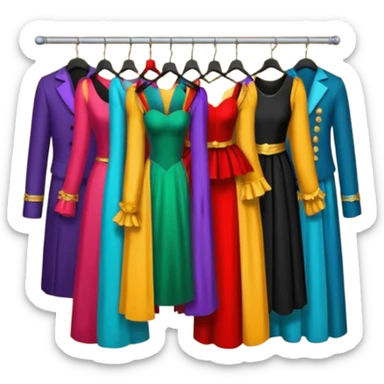 create a series of images for Theatre costumes Inventory showing a rack of costumes ready for performance sticker
