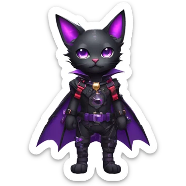 cool kawaii edgy evil techwear black purple red ethereal fantasy beautiful elegant bat-cat-Fakemon wearing legs spats a collar harness with jewelries full body sticker