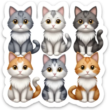 6 realistic looking cats with different natural coloured coats, assorted grey and white, greys, calico, brown and white colours etc
 sticker
