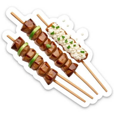 Souvlaki Cinematic Realistic Souvlaki Dish Emoji, depicted as skewered, grilled meat served with a side of crumbled feta cheese, rendered with rich textures and dynamic, appetizing lighting. sticker