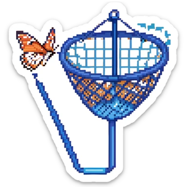 An insect-catching net with a blue handle and a butterfly inside the net sticker