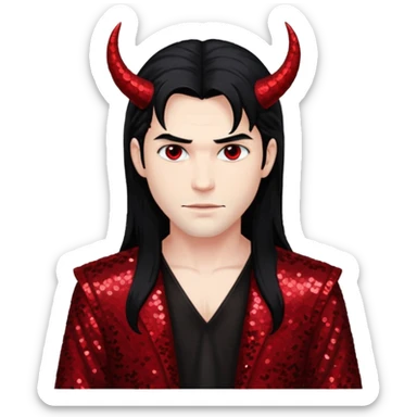 Lucifer from The Bible with long black hair, dark red sequin outfit sticker