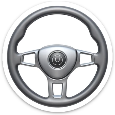 A futuristic steering wheel emoji made of silver chrome, minimal geometric design, smooth metallic surface, soft reflections, iOS emoji style, centered, clean white background sticker