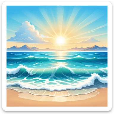 A beautiful  shoreless seascape with waves in warm tones under a bright sun, with the azure sea occupying the foreground. The sunlight reflects off the water, creating a vibrant, peaceful atmosphere. The background features a stunning sky with soft clouds and a distant horizon. sticker