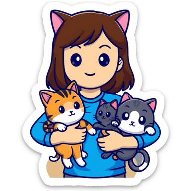 tan brown-haired girl holding two cats, one black cat and one grey-striped cat sticker