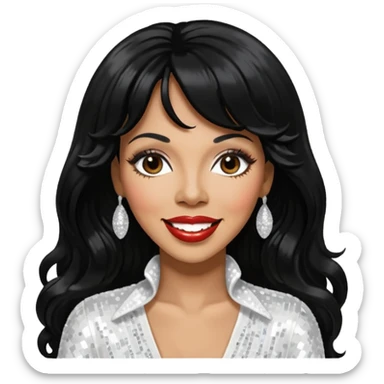 Donna Summer with long jet black hair, white sequin outfit  sticker