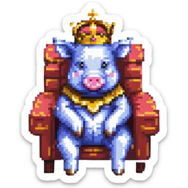 simple minimal pixel art pig with a golden crown sitting on a throne, blocky and square like Minecraft sticker