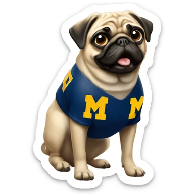 Pug wearing a university of Michigan shirt sticker