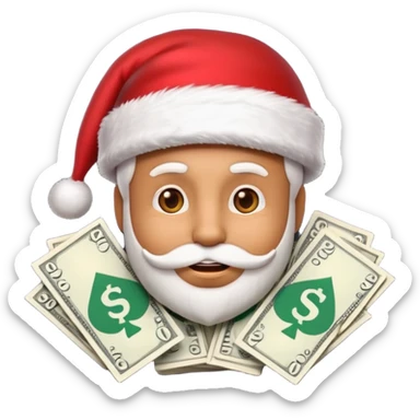 A confident rich emoji face wearing a Santa hat, money stacks, casino vibe, New Year theme, premium 3D emoji style, sharp details, no text, isolated on transparent background sticker
