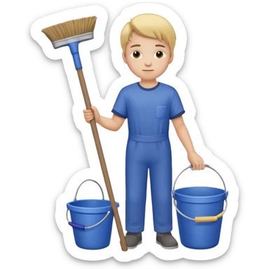 Boy in cleaning clothes, holding a broom and a bucket sticker