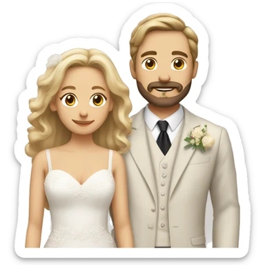 Wedding couple with woman with light tan skin, Sandy blonde hair shoulder length and man with brown hair, beard moustache sticker