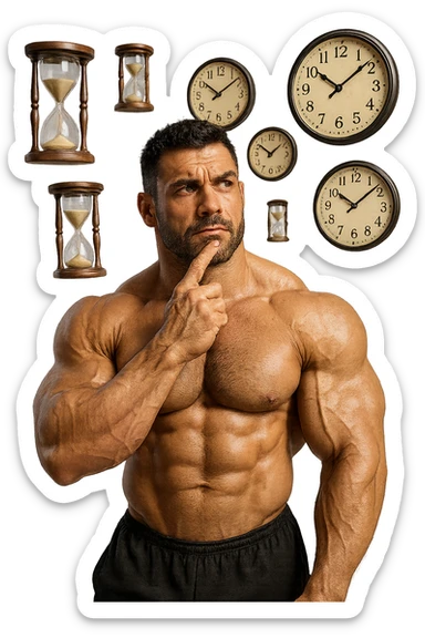 bodybuilder pensieroso che si tiene l'indice sul mento, alle sue spalle fluttuano clessidre e orologi da muro, iperrealistico 4k sticker