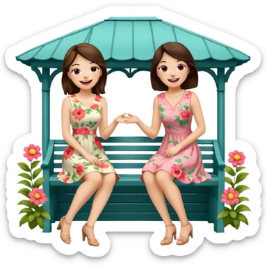 Two brunette women sitting on a white gazebo sticker
