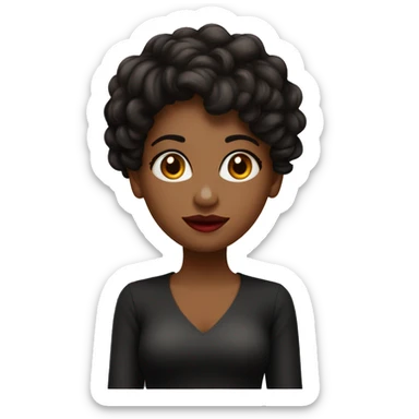 una chica de cabello negro corto mediano con labial rojo y ojos y marrones y una laptop sticker