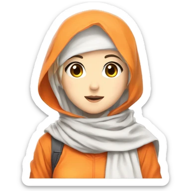 anime girl hijab sweet white skinned peanime female adventurer in orange clothes half  holding an orange fruit  sticker