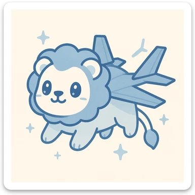 A rising lion inspired by Nyan Cat with a lion's body and F-35 fighter jet wings instead of a rainbow trail, using blue and white colors throughout the design, playful and energetic style sticker