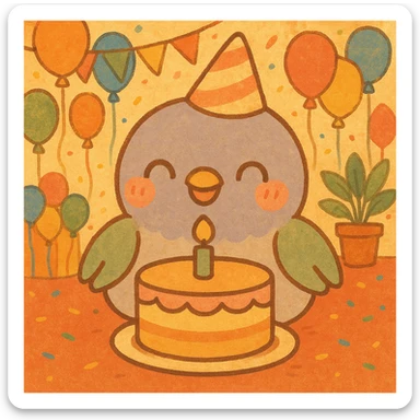 Change the background to a vibrant party venue filled with colorful balloons and decorations. Keep the baby pigeon happily in front of the birthday cake as is. The overall feeling should be warm and cute. sticker