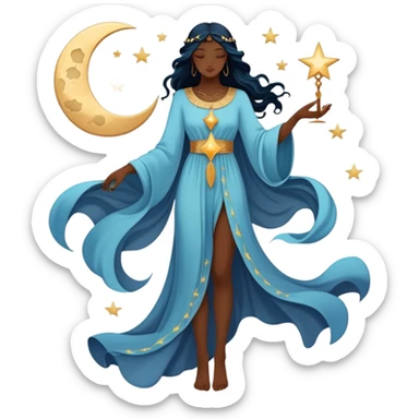 Mystical tarot card with flowing clothing silhouette, ethereal fashion symbol with stars and moon elements sticker