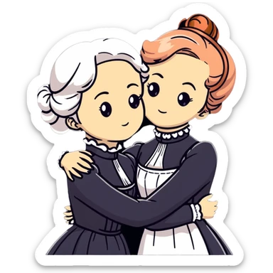 Two Victorian women with light eyes, one with white coiffed hair and one with copper coiffed hair, wearing Victorian high-neck dresses, embracing in a sad intimate hug sticker