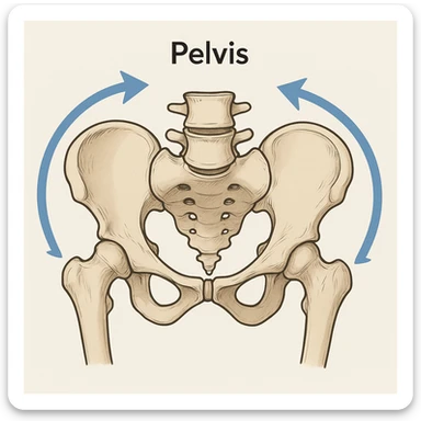 diagram of a human pelvis, arrows curving right to show clockwise rotation, medical illustration, clear and educational sticker