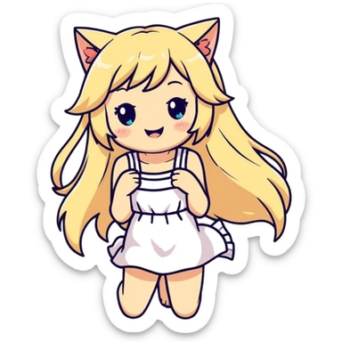 petite blonde catgirl long hair freckles giggling white sundress anime influence sticker