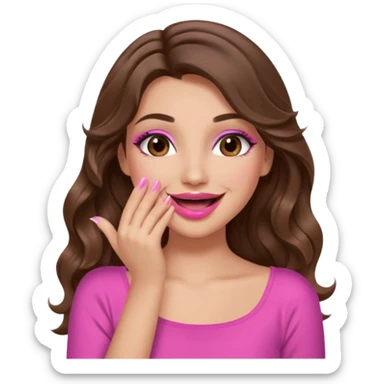 girl with long wavy brown hair, brown eyes, long lashes makeup, pink lips, light to medium complexion, pink sexy top, smiling, hand covering the mouth, giggling sticker
