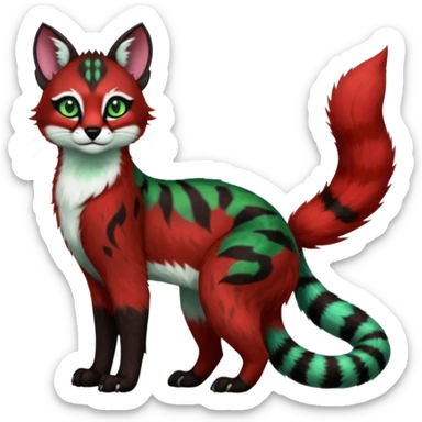 Colorful dark tropical sanguine-red, black, white fur, with green eyes, iridescent glorious divine exotic cute cool beautiful shiny beautiful fantasy-caracal-civet-genet-sergal-vernid-Cacomistle-oncilla-animal-Fakémon-hybrid-fursona with pattern markings (full body) sticker