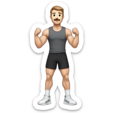 Full height Actively gesturing with hands Pale skinned Fit Man With the biceps and brown hair in dark gray Sleeveless Mike, black oversize sports shorts, watch and white Sneakers sticker