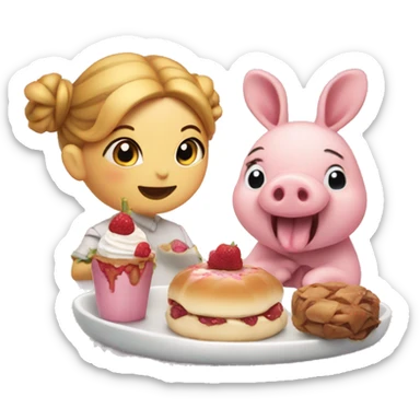 Bun (emoji) and piglet eating dessert sticker