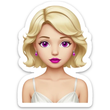 Bride with short wavy blonde hair, hot pink background and white silk chemise dress. Add fuscia background. Add fuscia lipstick sticker