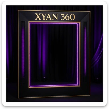 A luxury event photo frame with 'Xyan 360' in gold, surrounded by purple and black LED accents, elegant and modern style sticker