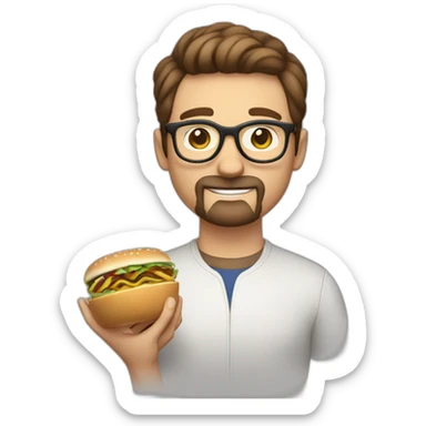 brown hair white guy with little mustache and goatee, wearing rounded glasses with meal in hands sticker