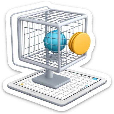 Create an emoji for 3D visualization and modeling. Show a 3D object with wireframe lines and a 3D modeling tool interface. Use modern, professional colors. Do not include any emojis or smiley faces. Make the background transparent. sticker