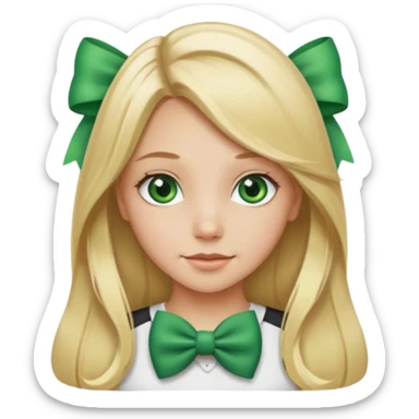 blonde girl long hair middle part, green eyes,at with a bow with text saying "engoy" sticker