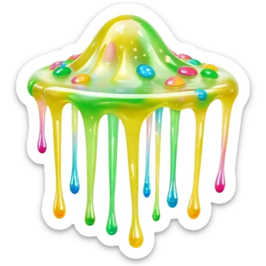 Cinematic Realistic Clear Slime Mixed with Sprinkles, ultra-transparent with suspended colorful candy-like specks, light refracting through each tiny piece, soft gelatinous texture catching highlights, stretching and bending in a mesmerizing way, glowing with a magical, almost surreal quality. sticker