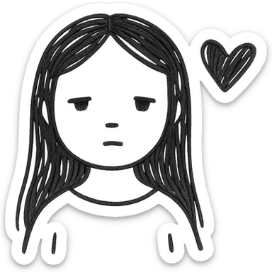 pale girl with long black hair and a black heart sticker