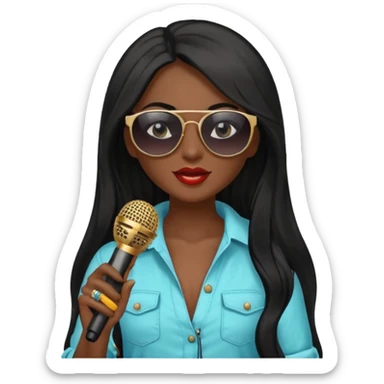 dark long haired woman with summer clothes and sun glasses holding microphone sticker